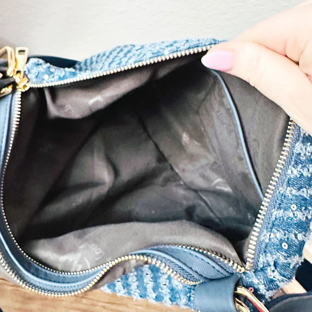 Mellow World Sequin Striped Blue Denim Double Zip Pocket Hobo Shoulder Bag